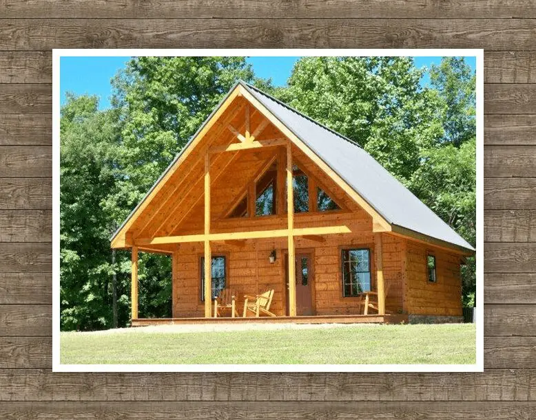 A log cabin with a dog sitting on the front porch.